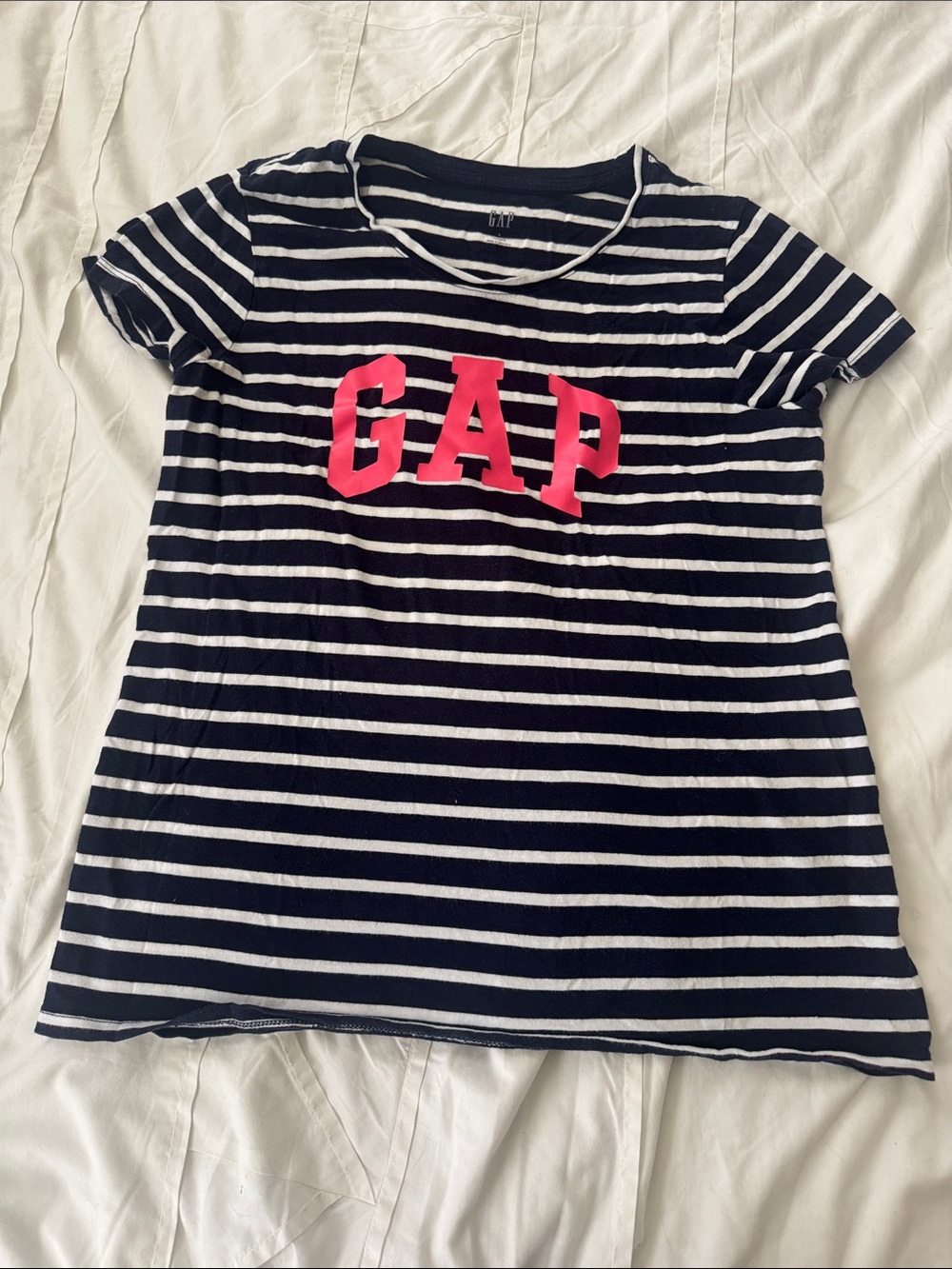 GAP Navy & White Striped Tee with Bright Pink Logo size L as favorite crew tee